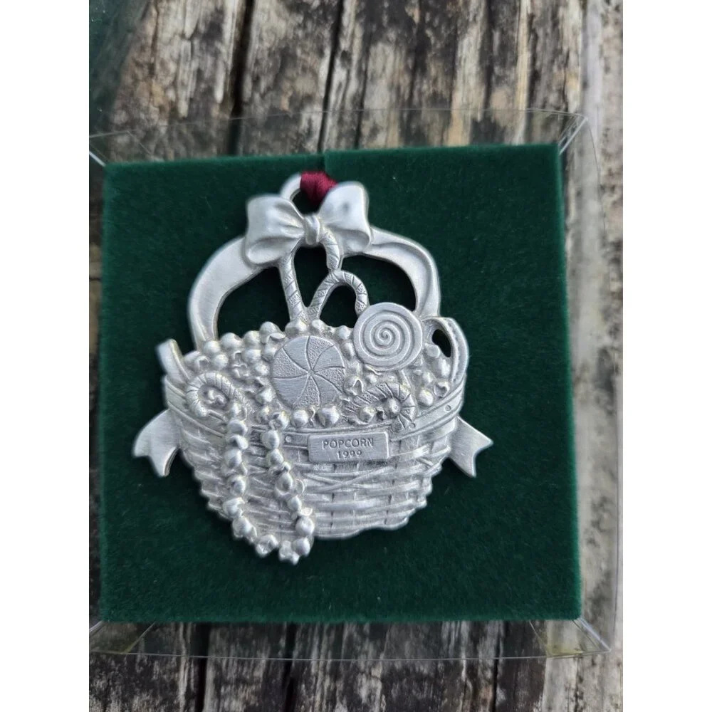 4 Longaberger Pewter Baskets 1998, 1999, 2000, 2002 Christmas Ornaments 77455‎